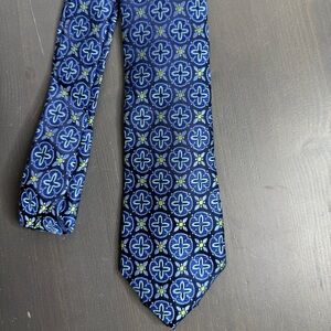 Ted Baker London Men’s Navy Aqua Lime Medallions Woven Silk Skinny Tie USA
